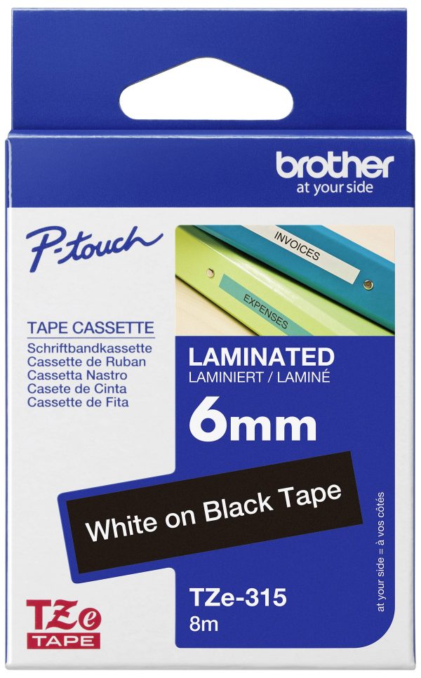 Brother TZe-315 Taśma do nadruku PET Kolor taśmy: czarny Kolor nadruku: biały 6 mm 8 m