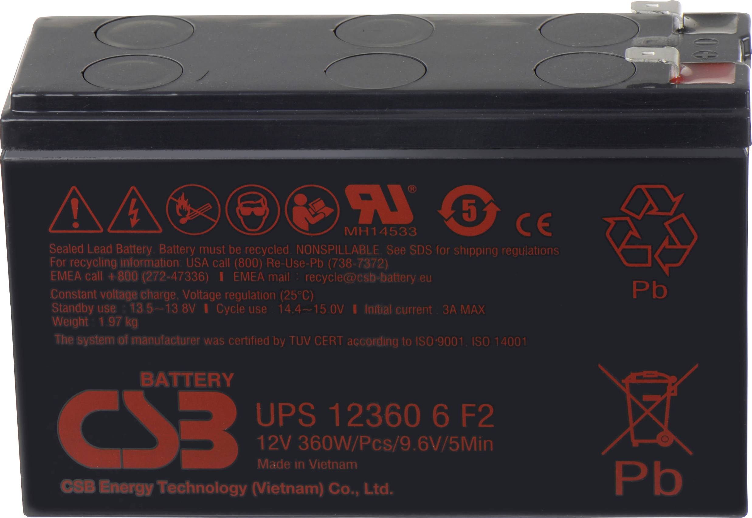 Akumulator ołowiowy CSB Battery UPS 123606 high-rate UPS123606F1F2, AGM, 12 V, 7 Ah - obrazek 1