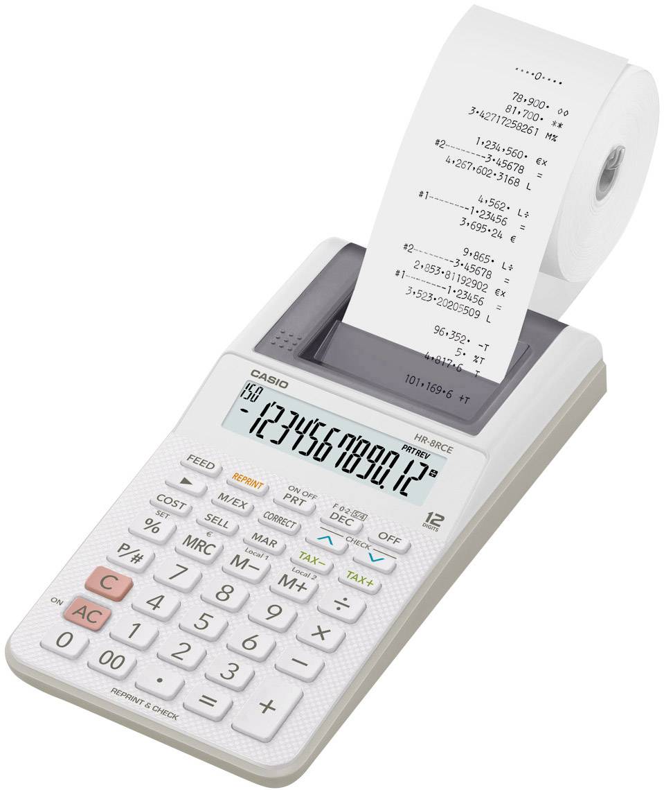 Casio HR-8RCE-WE Kalkulator stacjonarny drukujący biały Wyświetlacz: 12 bateryjne, z sieci elektrycznej (opcjonalnie) (S - obrazek 1