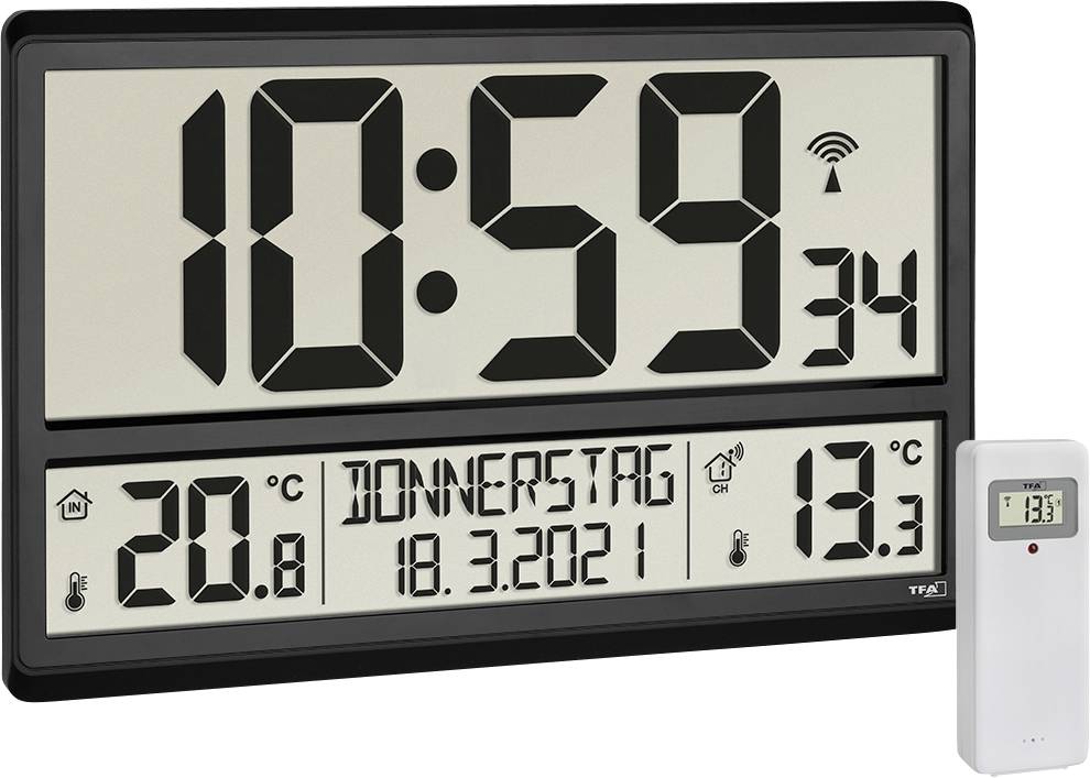 TFA Dostmann 60.4521.01 Sterowany radiowo Zegar ścienny 36 cm x 2.8 cm x 23.5 cm czarny duży wyświetlacz - obrazek 1