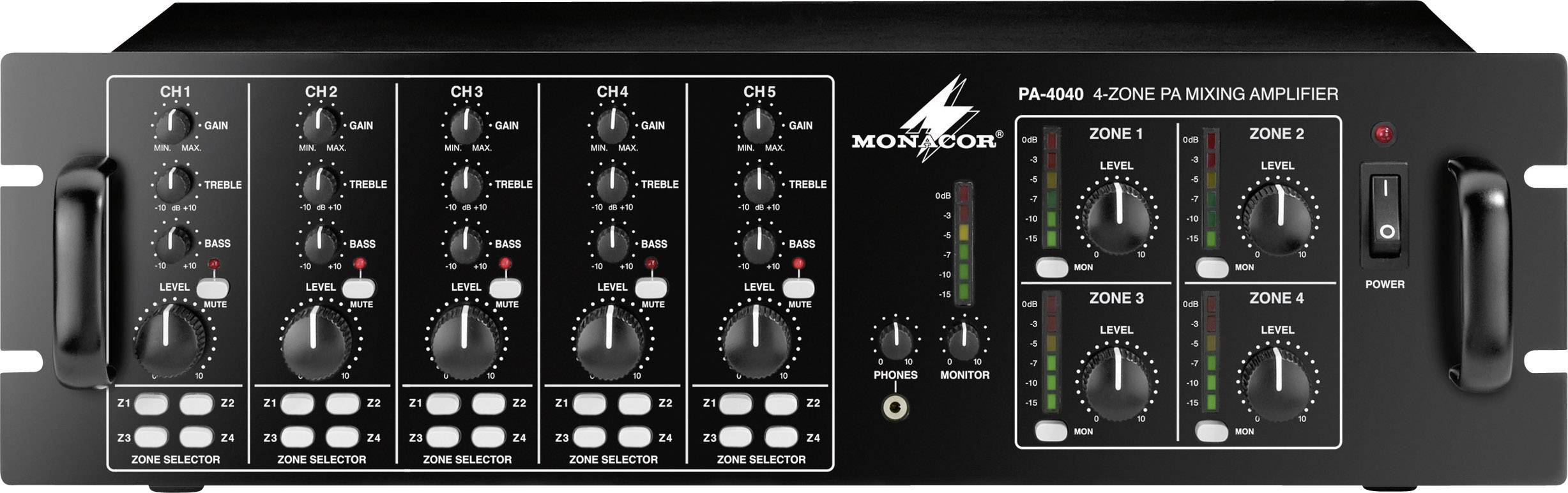 Monacor PA-4040 Wzmacniacz ELA 40 W 4-kanałowy 4 strefy - obrazek 1