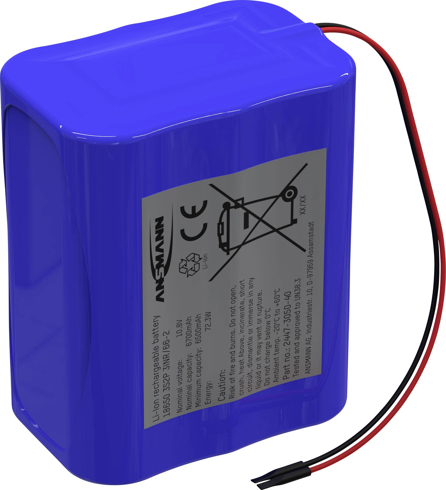 Pakiet akumulatorów 18650, Li-Ion Ansmann 3S2P, Ilość ogniw: 8, 10.8 V, 5100 mAh, Przewód - obrazek 1
