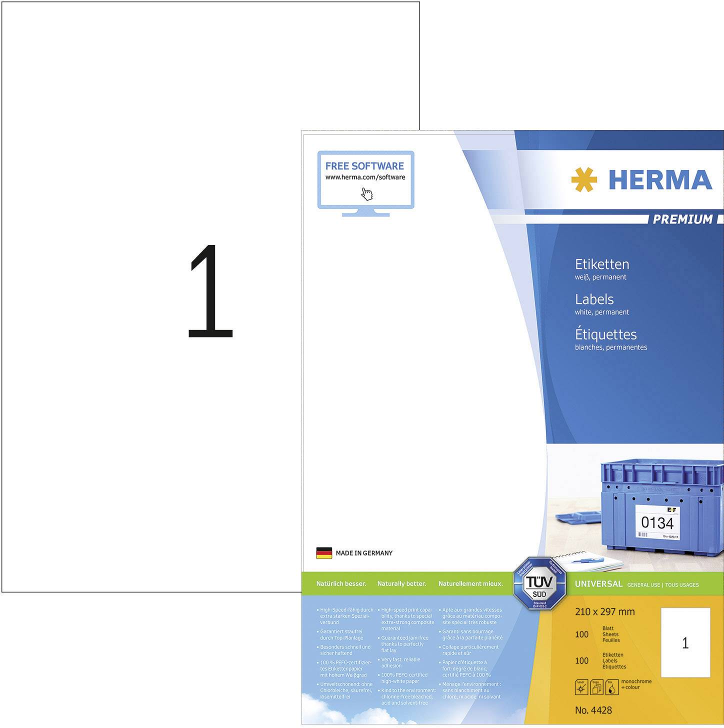 Herma 4428 Etykieta uniwersalna 210 x 297 mm Papier biały 100 szt. Trwały Drukarka atramentowa, Drukarka Laserowa, Druka - obrazek 1