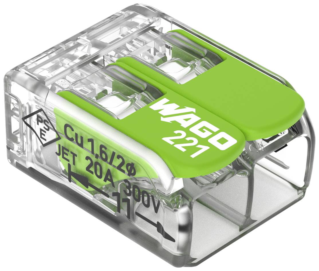 WAGO 221-422 221 Złącze zaciskowe elastyczny: 0.14-4 mm² stała: 0.2-4 mm² Ilość styków: 2 100 szt. przeźroczysty, zielon - obrazek 1