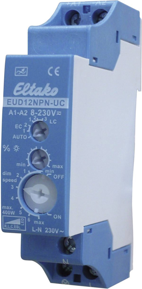 Ściemniacz uniwersalny Eltako EUD12NPN, montaż na szynie DIN, 100 W/400 W, niebiesko-szar