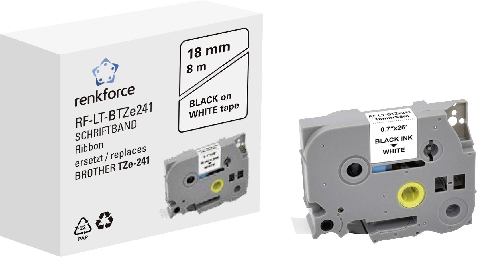 Renkforce RF-LT-BTZe241 zamiennik Zamiennik Brother TZe-241 18 mm Kolor taśmy: biały Kolor nadruku: czarny 8 m - obrazek 1