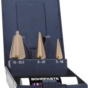 Exact 05248 HSS Zestaw wierteł stożkowych bezstopniowych 3 szt. TiN uchwyt standardowy 1 zest. Exact 05248 HSS Zestaw wierteł stożkowych bezstopniowych 3 szt. TiN uchwyt standardowy 1 zest.