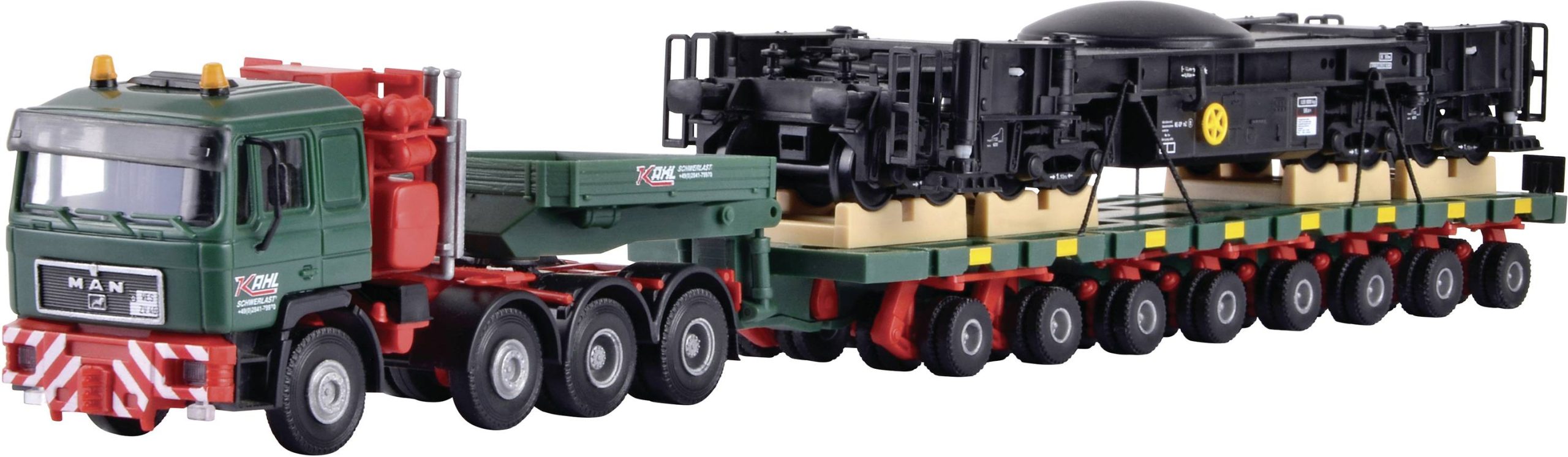 Kibri 13601 H0 Model ciężarówki MAN SK z wózkiem platformowym Scheuerle z dolną częścią żurawia kolejowego - obrazek 1