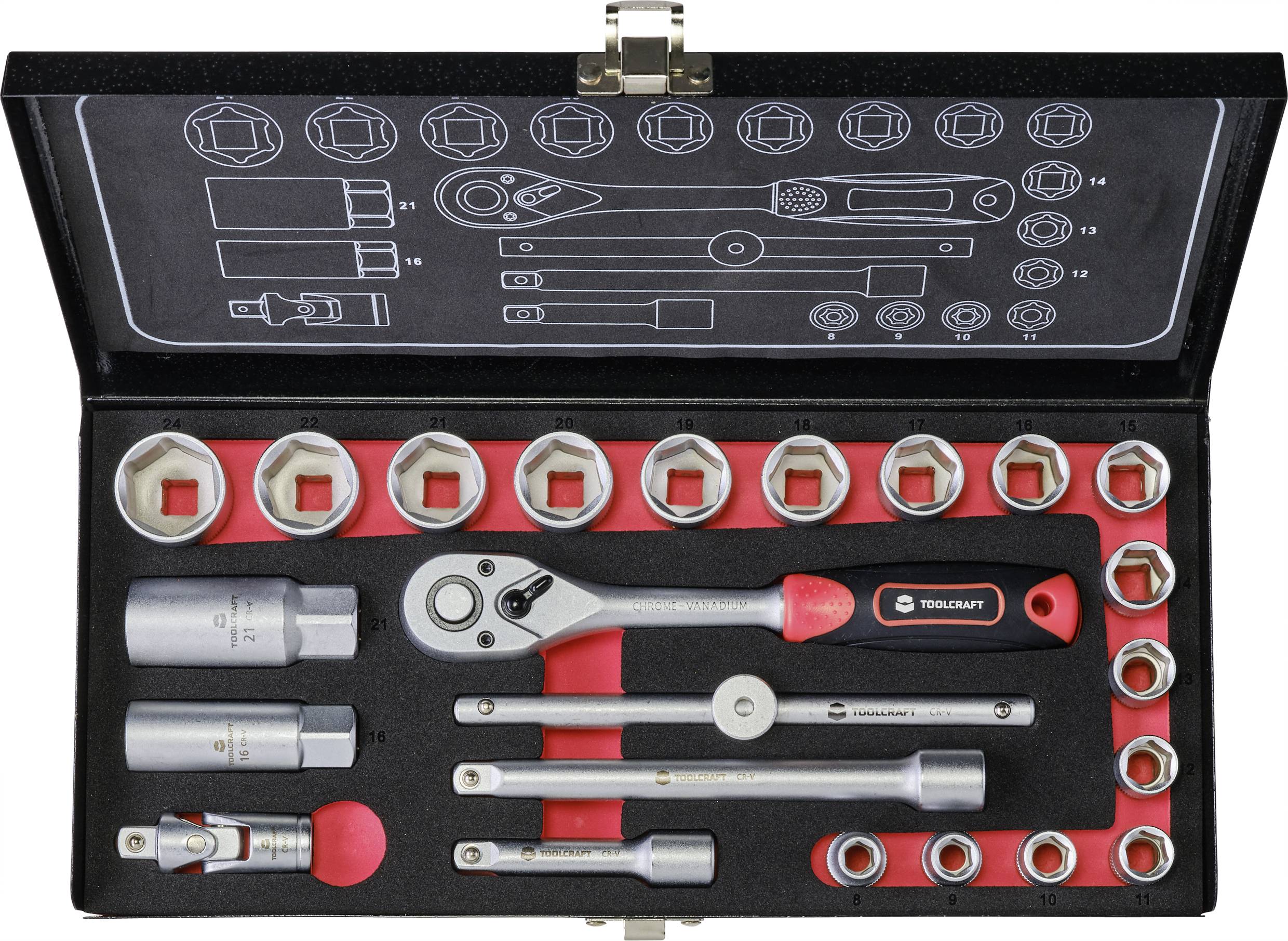 Klucze nasadowe z grzechotką TOOLCRAFT 826373, 3/8" (10 mm), stal chromowo-wanadowa, 23 szt. - obrazek 1