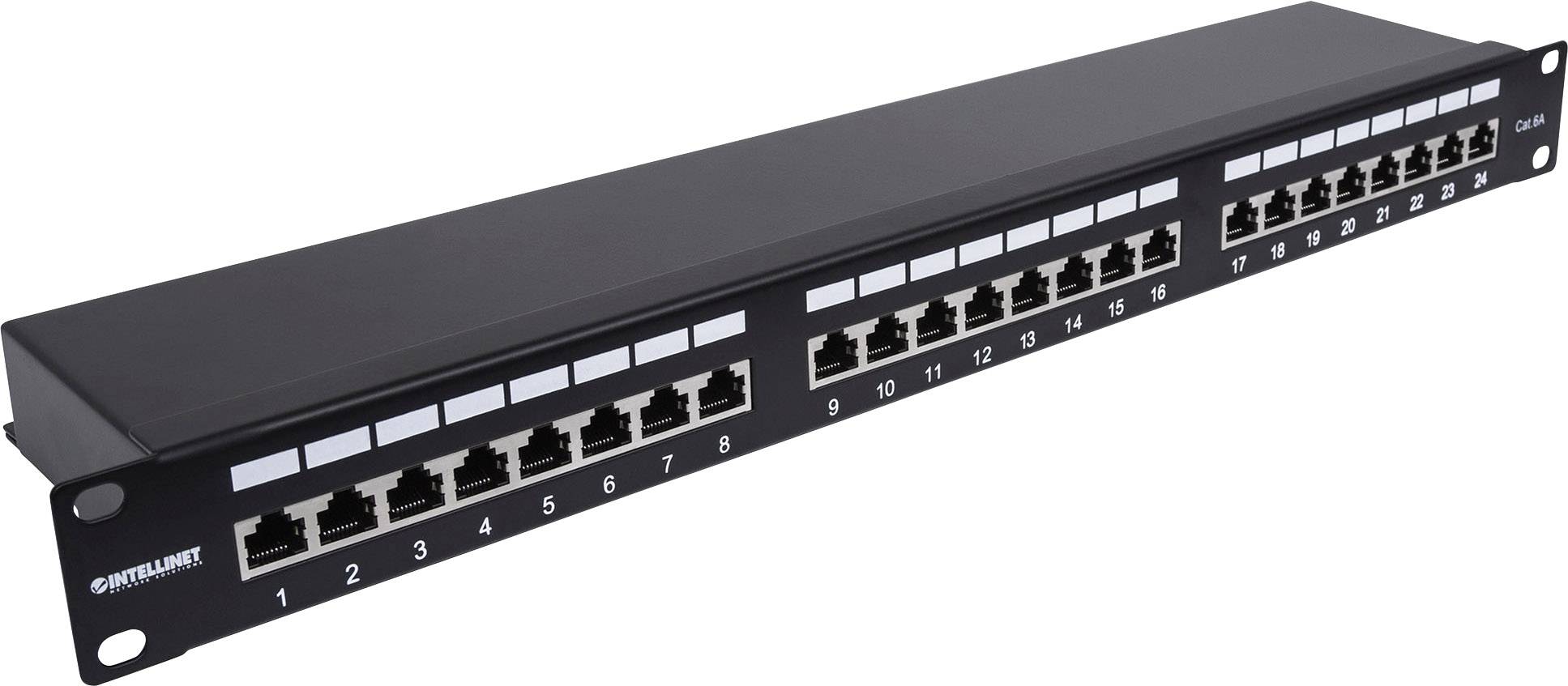 Intellinet 24-Port Cat6a Patchpanel geschirmt 1HE Kabeleinführung 90° abgewinkelt schwarz 24 Porty Patch panel 483 mm (1 - obrazek 1