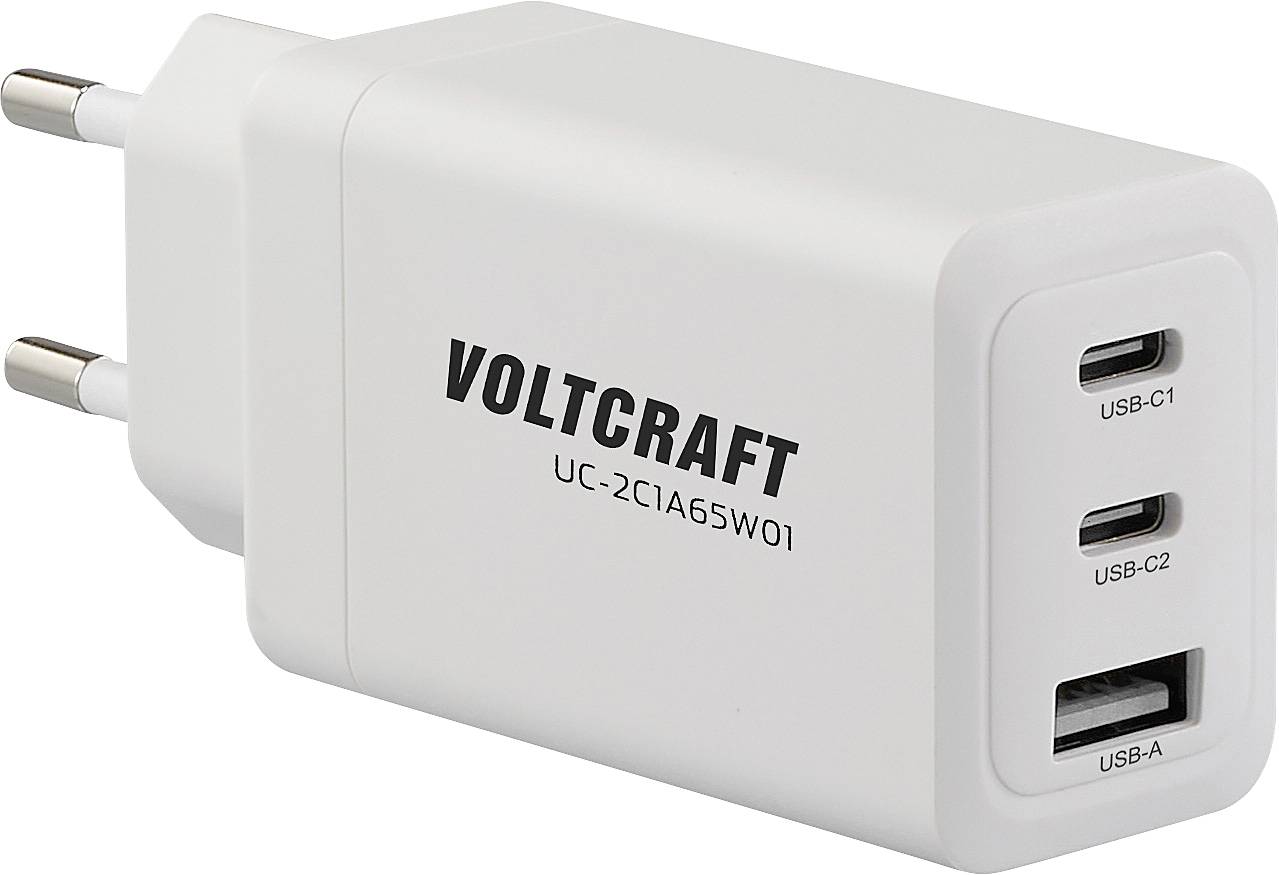 VOLTCRAFT UC-2C1A65W01 Ładowarka USB 65 W 1x USB-A, 2x USB-C® Fast Charge, Power Delivery 3.0 biały dom GaN - obrazek 1