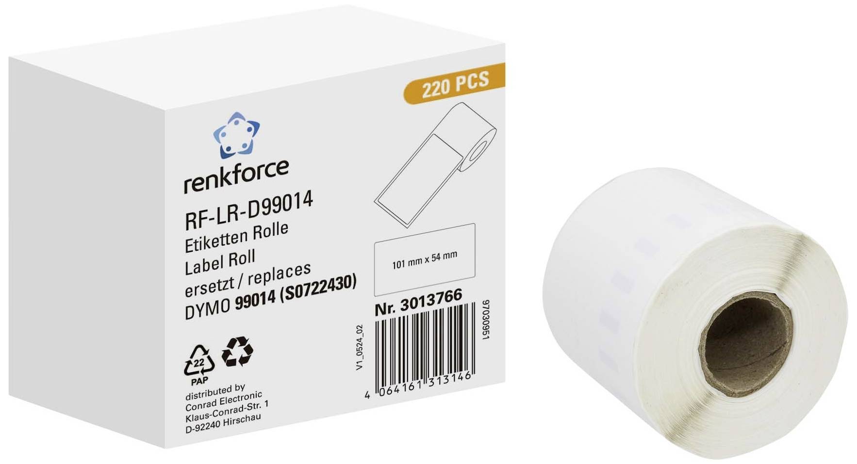 Renkforce Rolka etykiet zamiennik Zamiennik DYMO DYMO 99014 101 x 54 mm Papier biały 220 szt. Trwały Etykiety wysyłkowe - obrazek 1