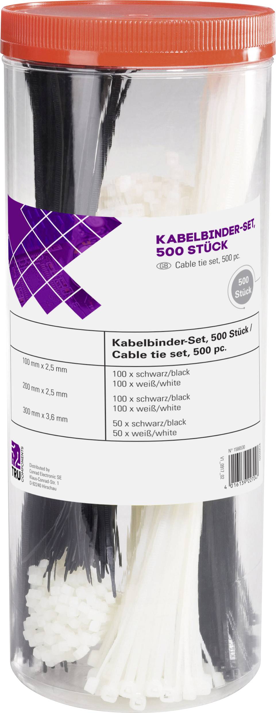 TRU COMPONENTS 1566530 Opaska kablowa 100 mm, 200 mm, 300 mm 3.60 mm czarny, naturalny 500 szt. - obrazek 1