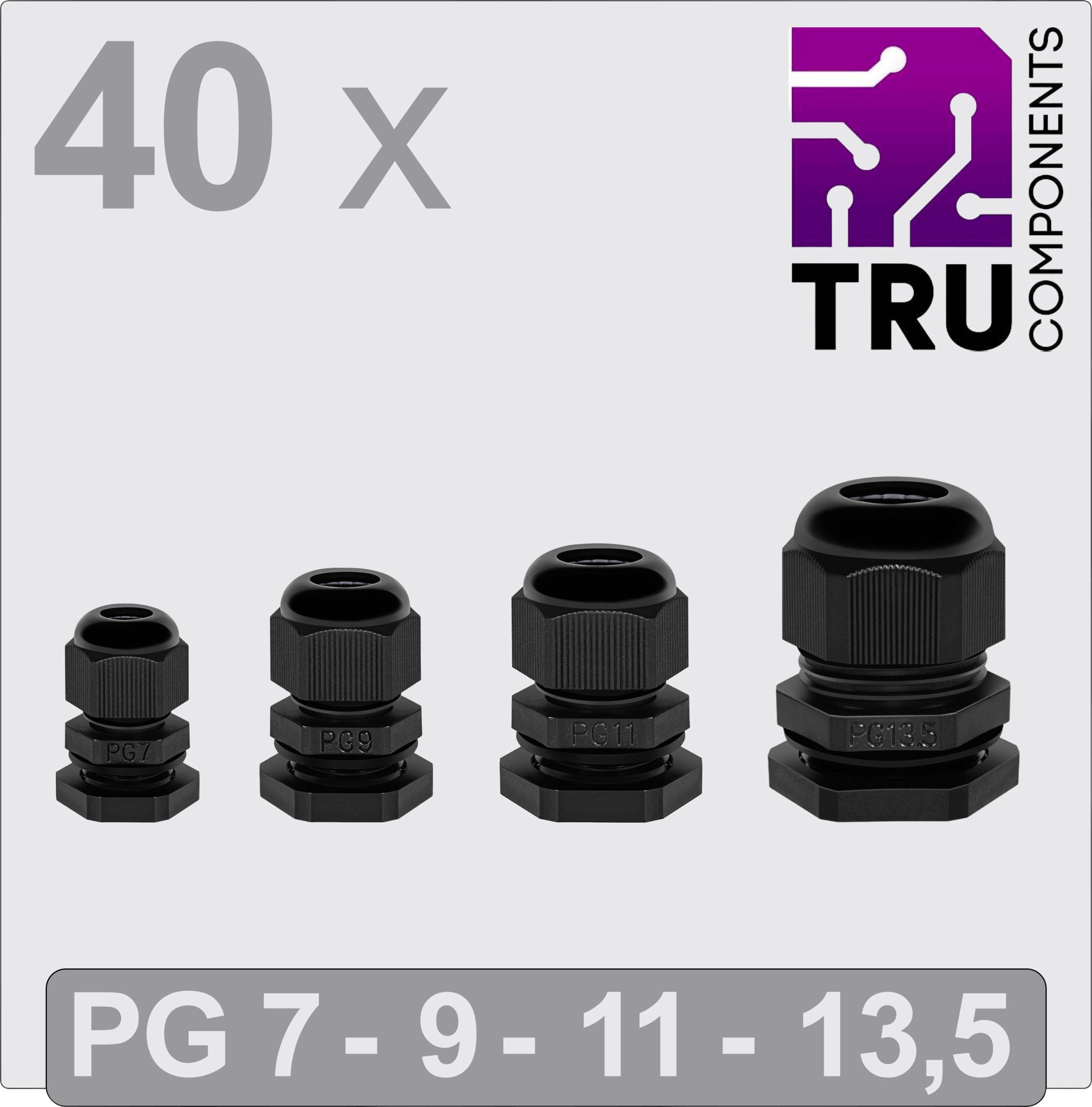TRU COMPONENTS TC-13448348 Dławnica kablowa PG7, PG9, PG11, PG13.5 poliamid czarny 40 szt. - obrazek 1