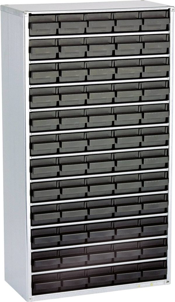 ESD raaco 1260-00 Magazyn ze stali (D x S x W) 306 x 150 x 552 mm Ilość przegród: 60 z przewodem uziemiającym Opis 1 szt