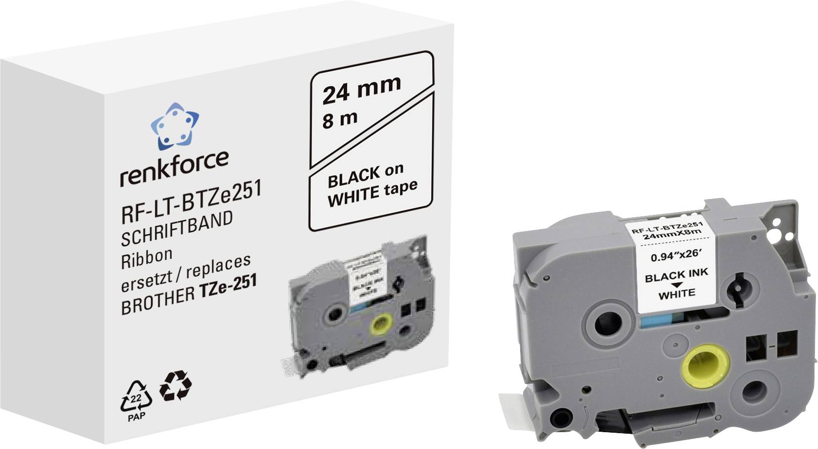 Renkforce RF-LT-BTZe251 zamiennik Zamiennik Brother TZe-251 24 mm Kolor taśmy: biały Kolor nadruku: czarny 8 m - obrazek 1