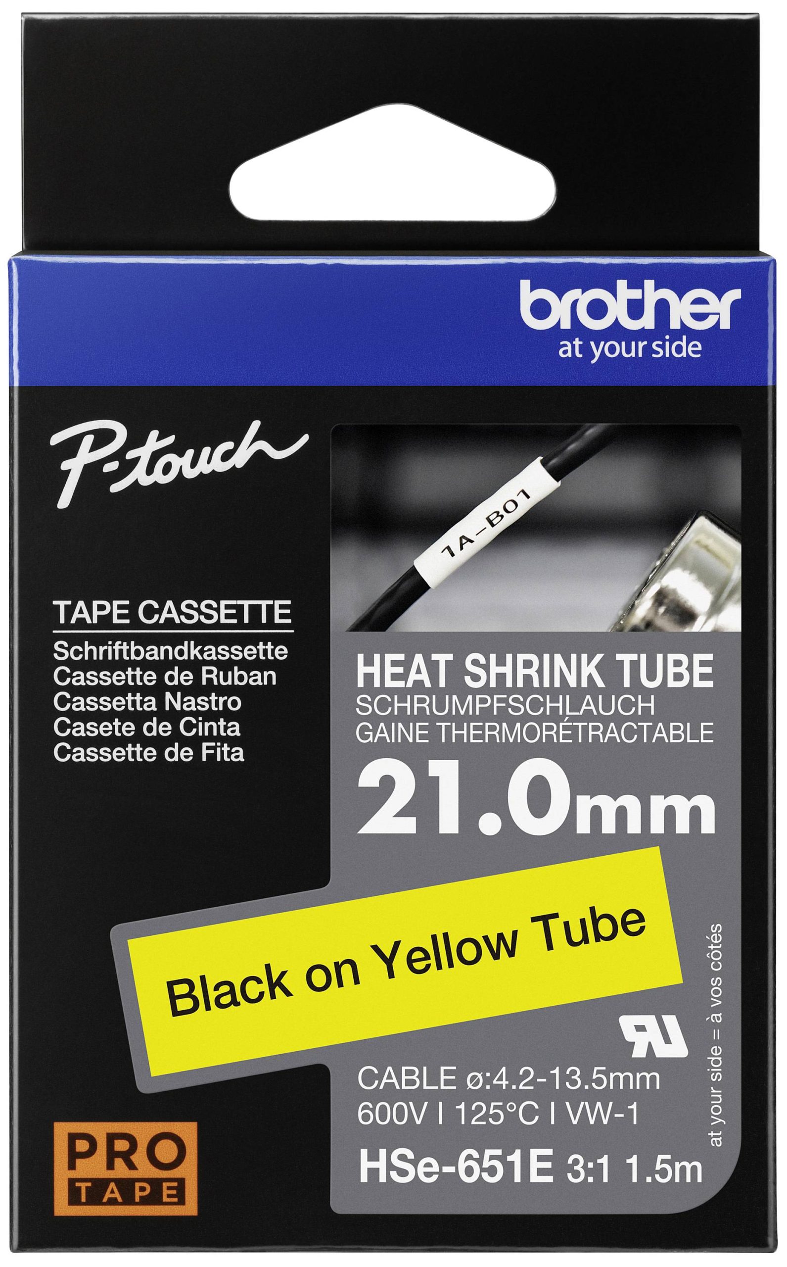 Brother HSE651E Taśma do nadruku termokurczliwa Kolor taśmy: żółty Kolor nadruku: czarny 21 mm 1.5 m - obrazek 1