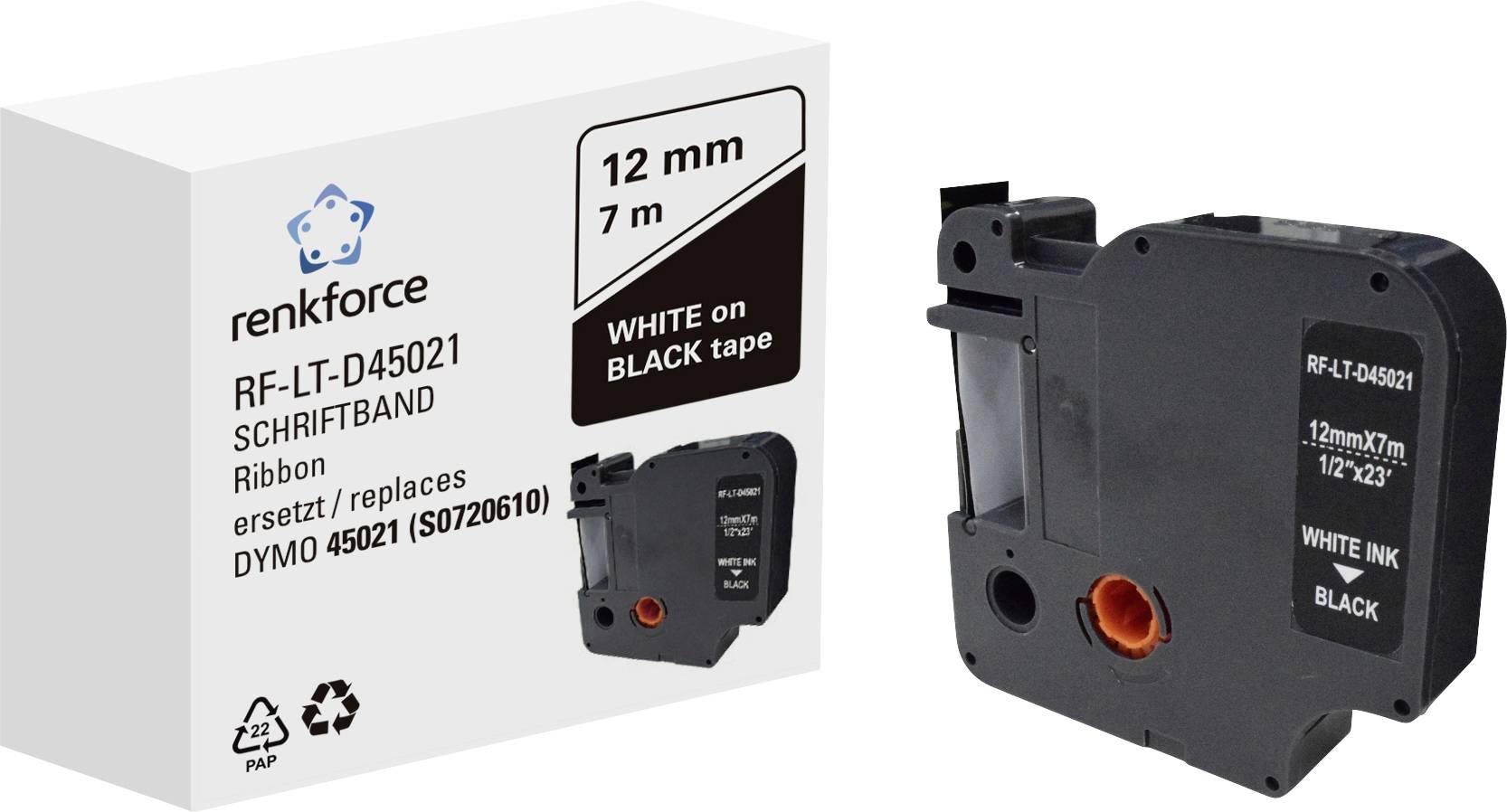 Renkforce RF-LT-D45021 zamiennik Zamiennik DYMO D1 - 45021 12 mm Kolor taśmy: czarny Kolor nadruku: biały 7 m - obrazek 1