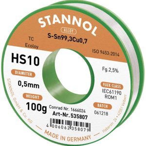 Cyna lutownicza bezołowiowa Stannol HS10 2,5% 0,5MM SN99,3CU0,7 CD 100G bezołowiowa, szpula Sn99,3Cu0,7 ROM1 100 g 0.5 m Cyna lutownicza bezołowiowa Stannol HS10 2,5% 0,5MM SN99,3CU0,7 CD 100G bezołowiowa, szpula Sn99,3Cu0,7 ROM1 100 g 0.5 m