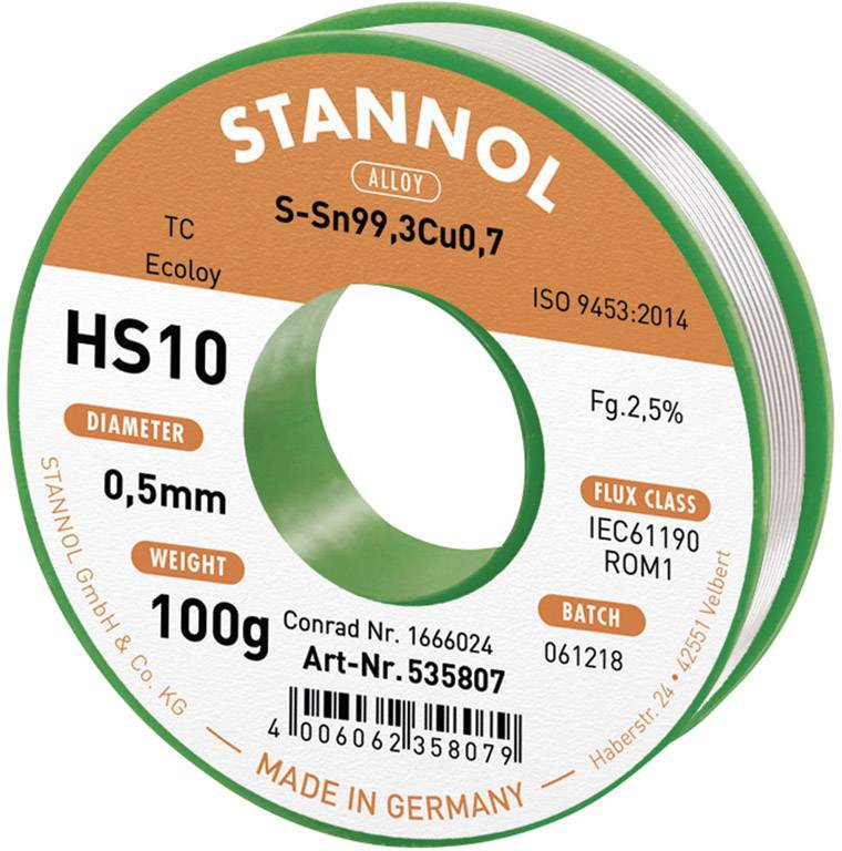 Cyna lutownicza bezołowiowa Stannol HS10 2,5% 0,5MM SN99,3CU0,7 CD 100G bezołowiowa, szpula Sn99,3Cu0,7 ROM1 100 g 0.5 m - obrazek 1