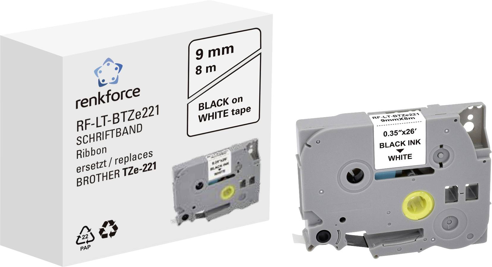 Renkforce RF-LT-BTZe221 zamiennik Zamiennik Brother TZe-221 9 mm Kolor taśmy: biały Kolor nadruku: czarny 8 m - obrazek 1