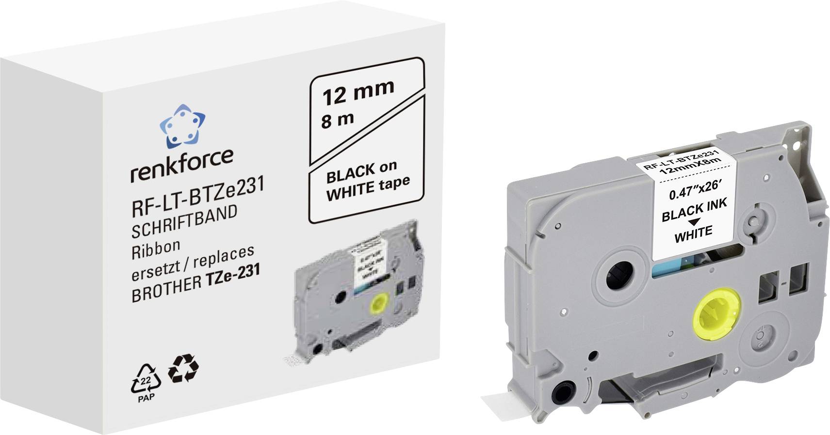 Renkforce RF-LT-BTZe231 zamiennik Zamiennik Brother TZe-231 12 mm Kolor taśmy: biały Kolor nadruku: czarny 8 m - obrazek 1