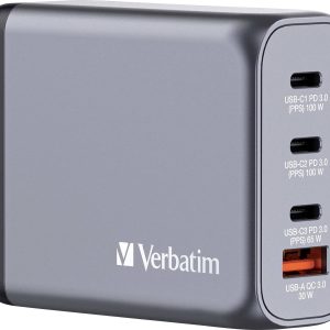 Verbatim GNC-100 Ładowarka podróżna 100 W 1x USB-A, 3x USB-C® Power Delivery, Power Delivery 3.0, QC 3.0 szary GaN, z ad Verbatim GNC-100 Ładowarka podróżna 100 W 1x USB-A, 3x USB-C® Power Delivery, Power Delivery 3.0, QC 3.0 szary GaN, z ad