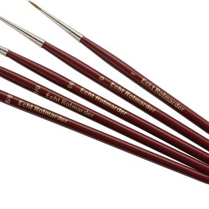 Pędzel modelarski z włosiem z kuny, Zahn, zestaw rozm. 5×0, 3×0, 00, 0, 1. Pędzel modelarski z włosiem z kuny, Zahn, zestaw rozm. 5×0, 3×0, 00, 0, 1.