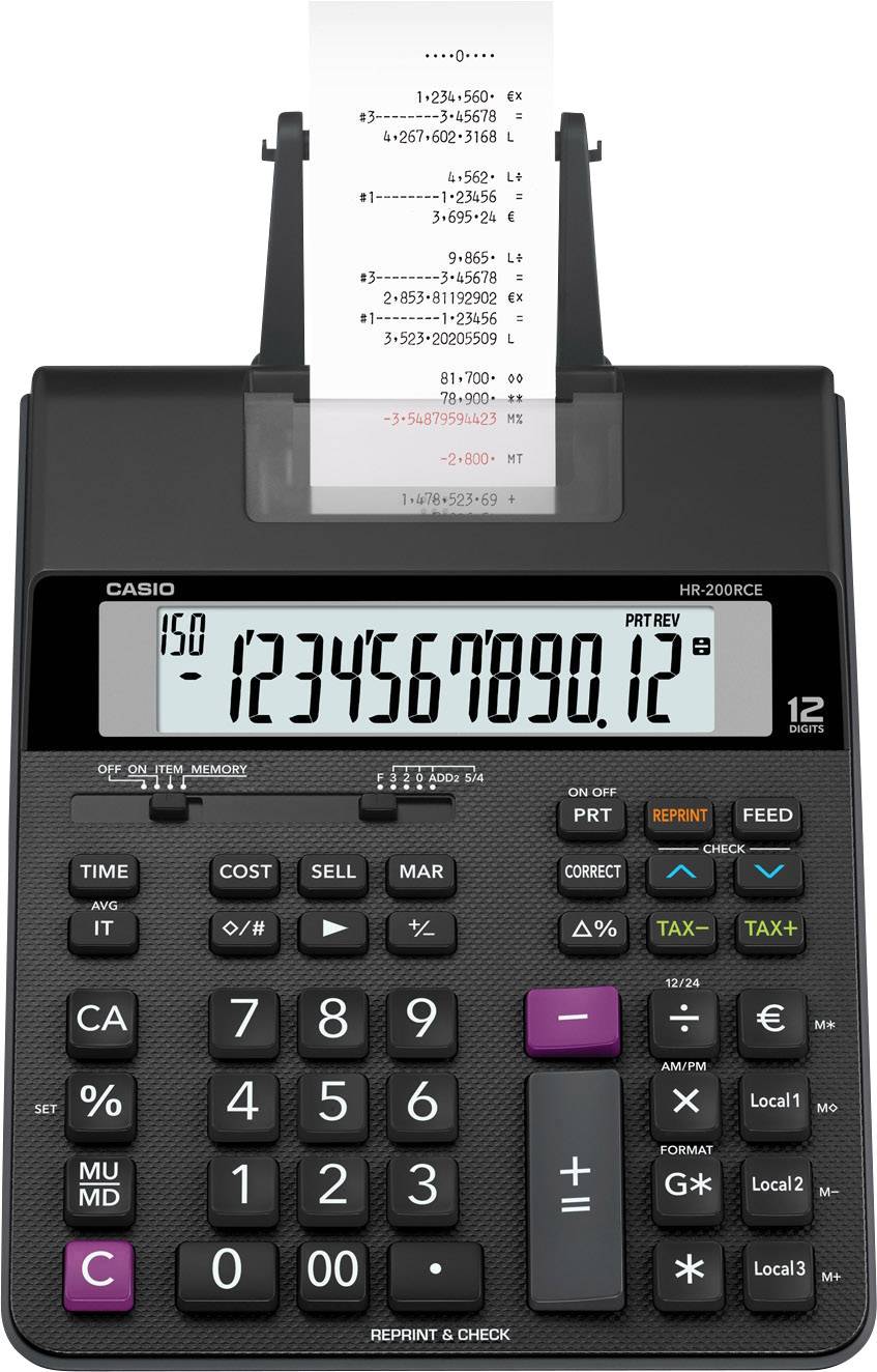 Casio HR 200 RCE Kalkulator stacjonarny drukujący czarny Wyświetlacz: 12 bateryjne, z sieci elektrycznej (opcjonalnie) ( - obrazek 1