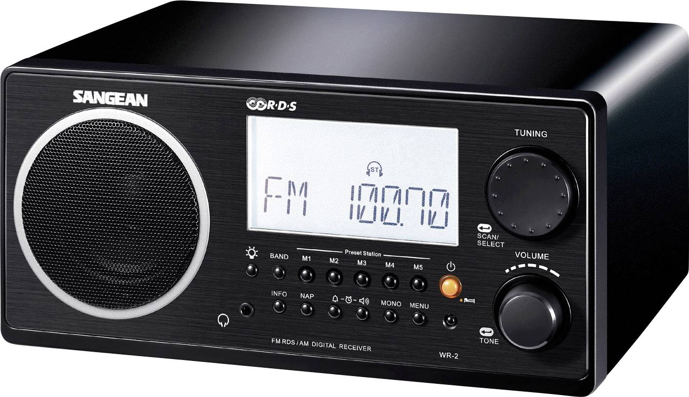 Radio Sangean WR-2, budzik z funkcją drzemki, dynamiczne podbicie basów, pilot, czarne - obrazek 1