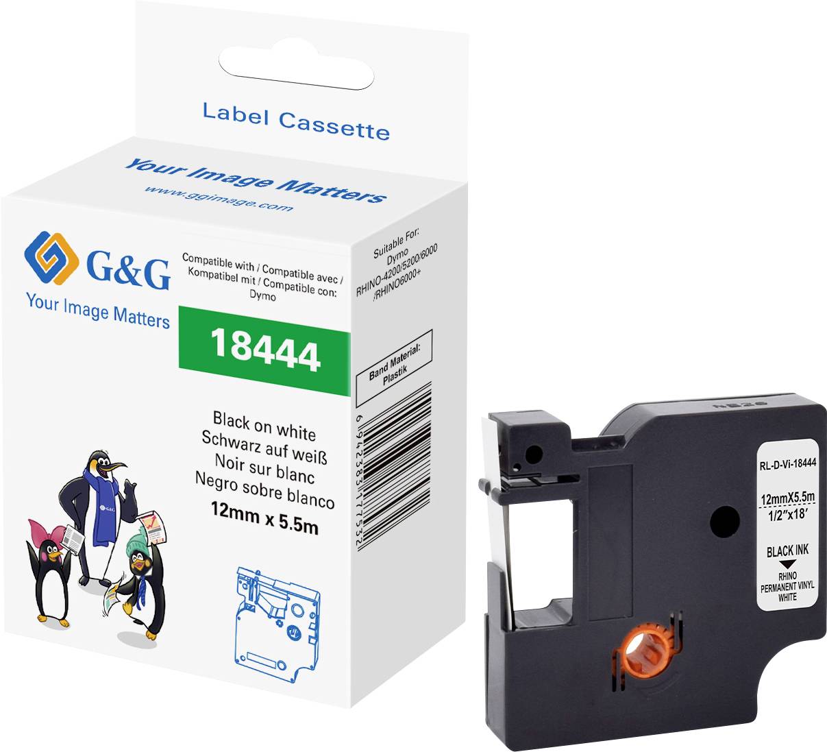 G&G Taśma do nadruku winyl Kolor taśmy: biały Kolor nadruku: czarny 12 mm 5.5 m - obrazek 1