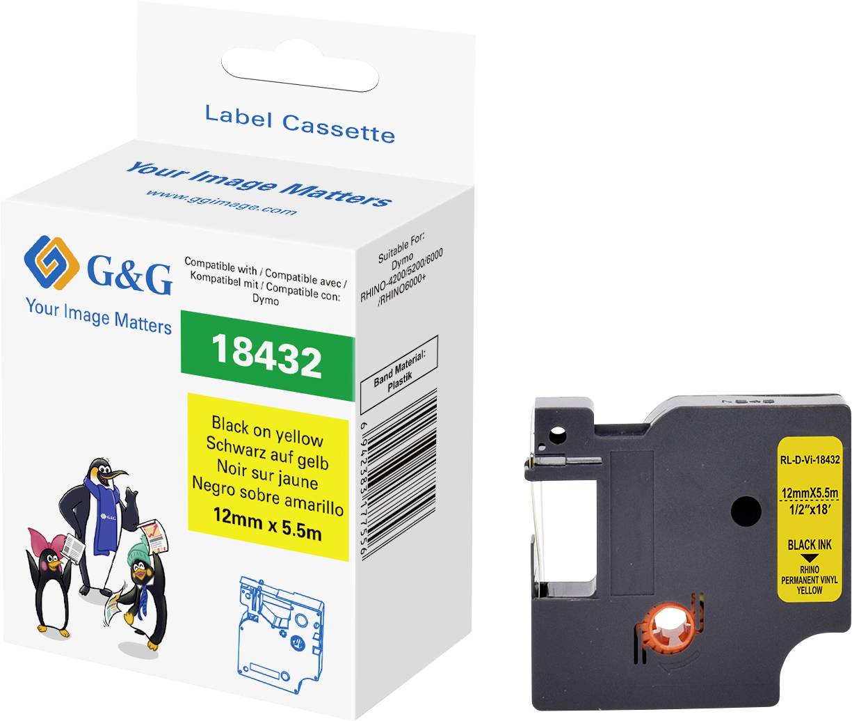G&G Taśma do nadruku winyl Kolor taśmy: żółty Kolor nadruku: czarny 12 mm 5.5 m - obrazek 1