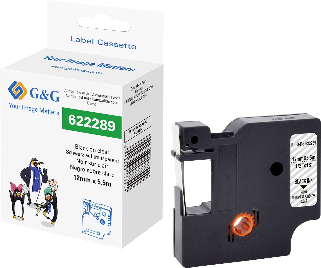 G&G Taśma do nadruku poliester Kolor taśmy: przeźroczysty Kolor nadruku: czarny 12 mm 5.5 m - obrazek 1