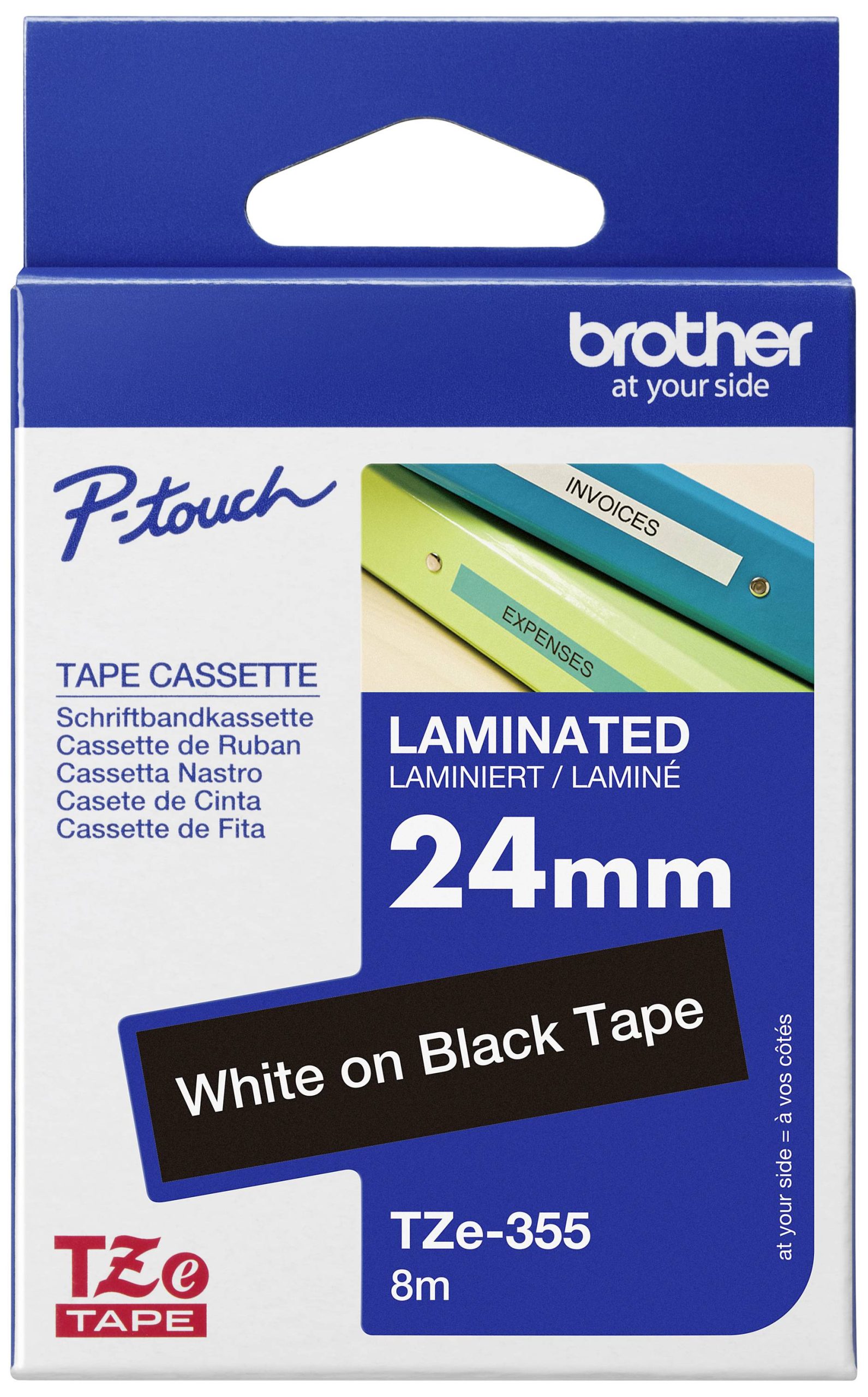 Brother TZe-355 Taśma do nadruku PET Kolor taśmy: czarny Kolor nadruku: biały 24 mm 8 m - obrazek 1