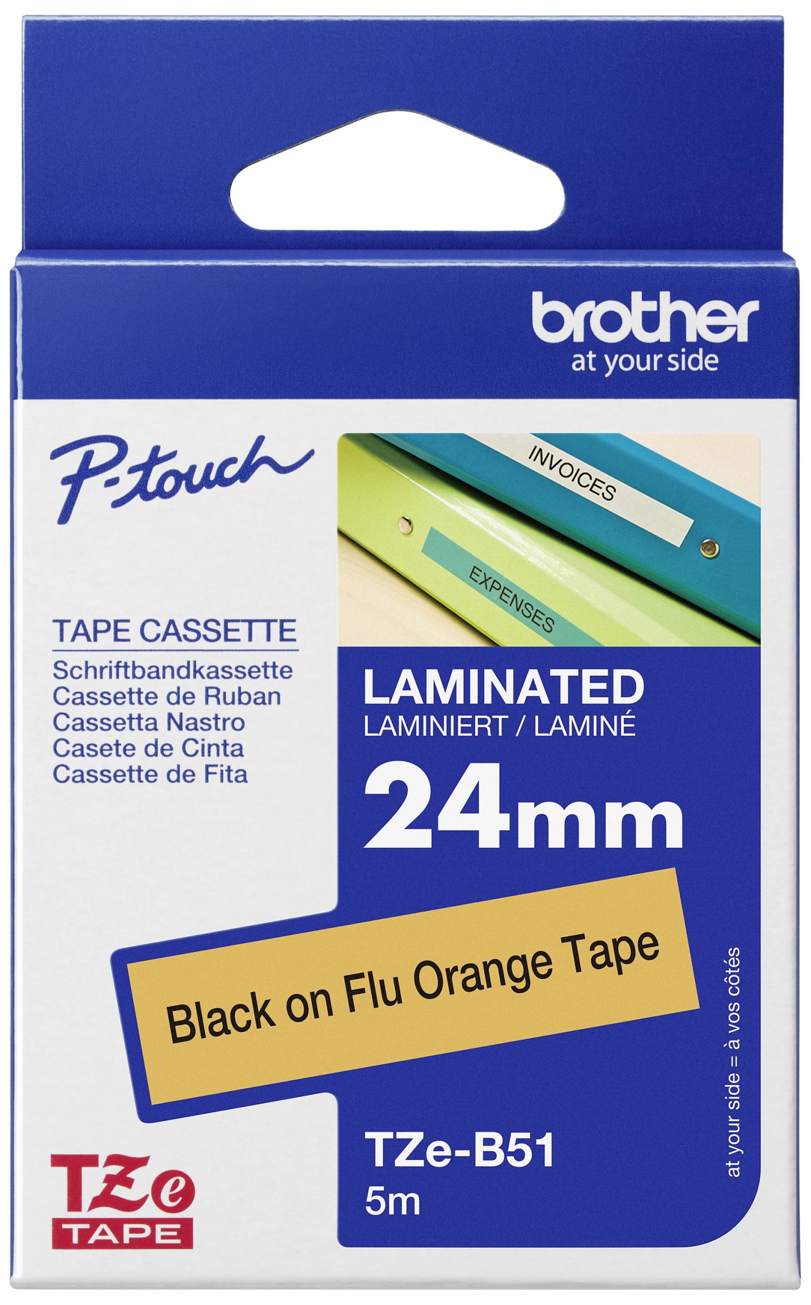 Brother TZe-B51 Taśma do nadruku, kolor ostrzegawczy PET Kolor taśmy: signal orange Kolor nadruku: czarny 24 mm 5 m - obrazek 1