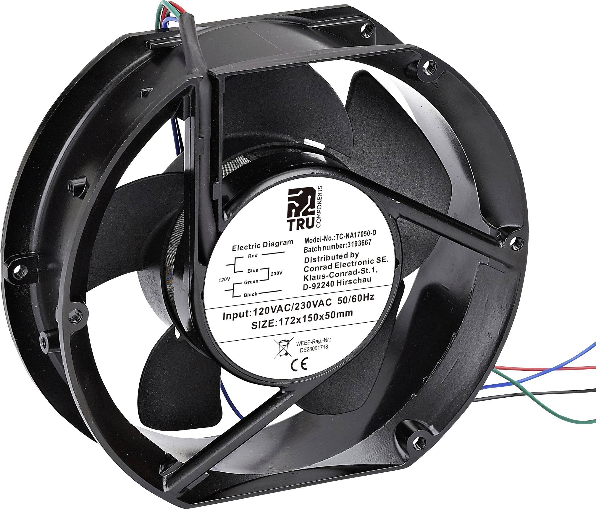 Wentylator osiowy TRU COMPONENTS TC-NA17050-D, 230 V/AC, 120 V/AC, 310 m³/h, (D x S x W) 172 x 150 x 50 mm - obrazek 1