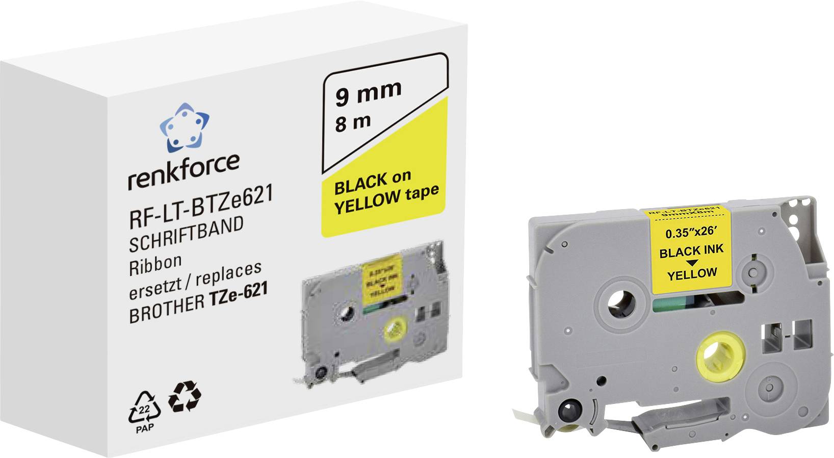 Renkforce RF-LT-BTZe621 zamiennik Zamiennik Brother TZe-621 9 mm Kolor taśmy: żółty Kolor nadruku: czarny 8 m - obrazek 1