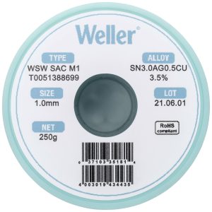 Cyna lutownicza bezołowiowa Weller WSW SAC M1 szpula Sn3,0Ag0,5Cu 250 g 1 mm Cyna lutownicza bezołowiowa Weller WSW SAC M1 szpula Sn3,0Ag0,5Cu 250 g 1 mm