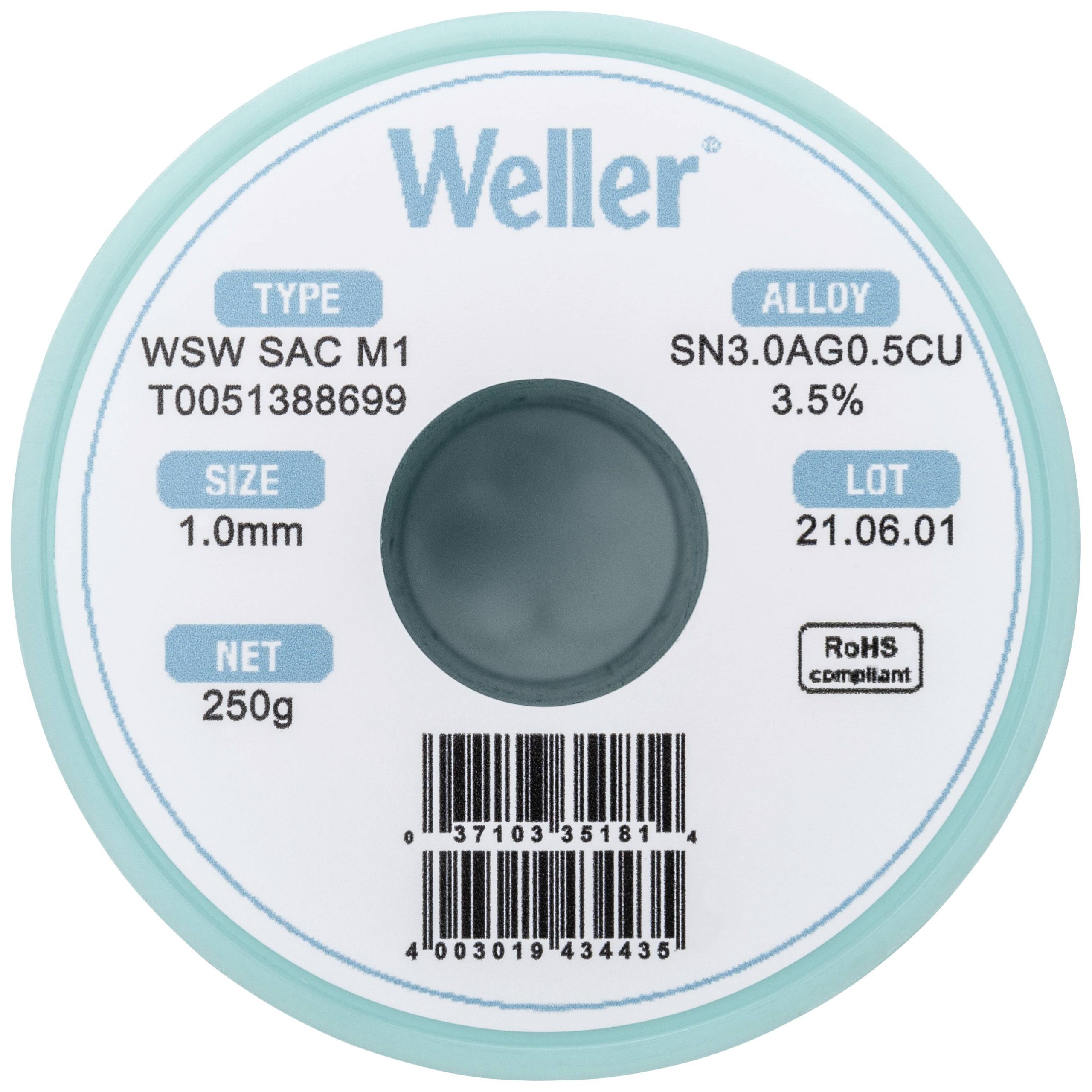 Cyna lutownicza bezołowiowa Weller WSW SAC M1 szpula Sn3,0Ag0,5Cu 250 g 1 mm - obrazek 1