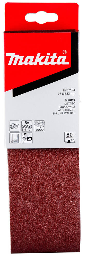 Zestaw 5 szt.taśm szlifierskich 76 x 533 mm, 80G, Makita P-37194 Zestaw 5 szt.taśm szlifierskich 76 x 533 mm, 80G, Makita P-37194